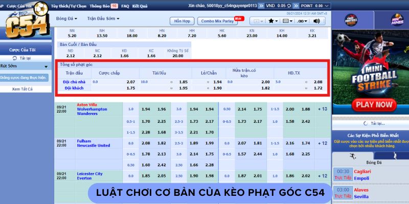 Luật chơi cơ bản của kèo phạt góc C54